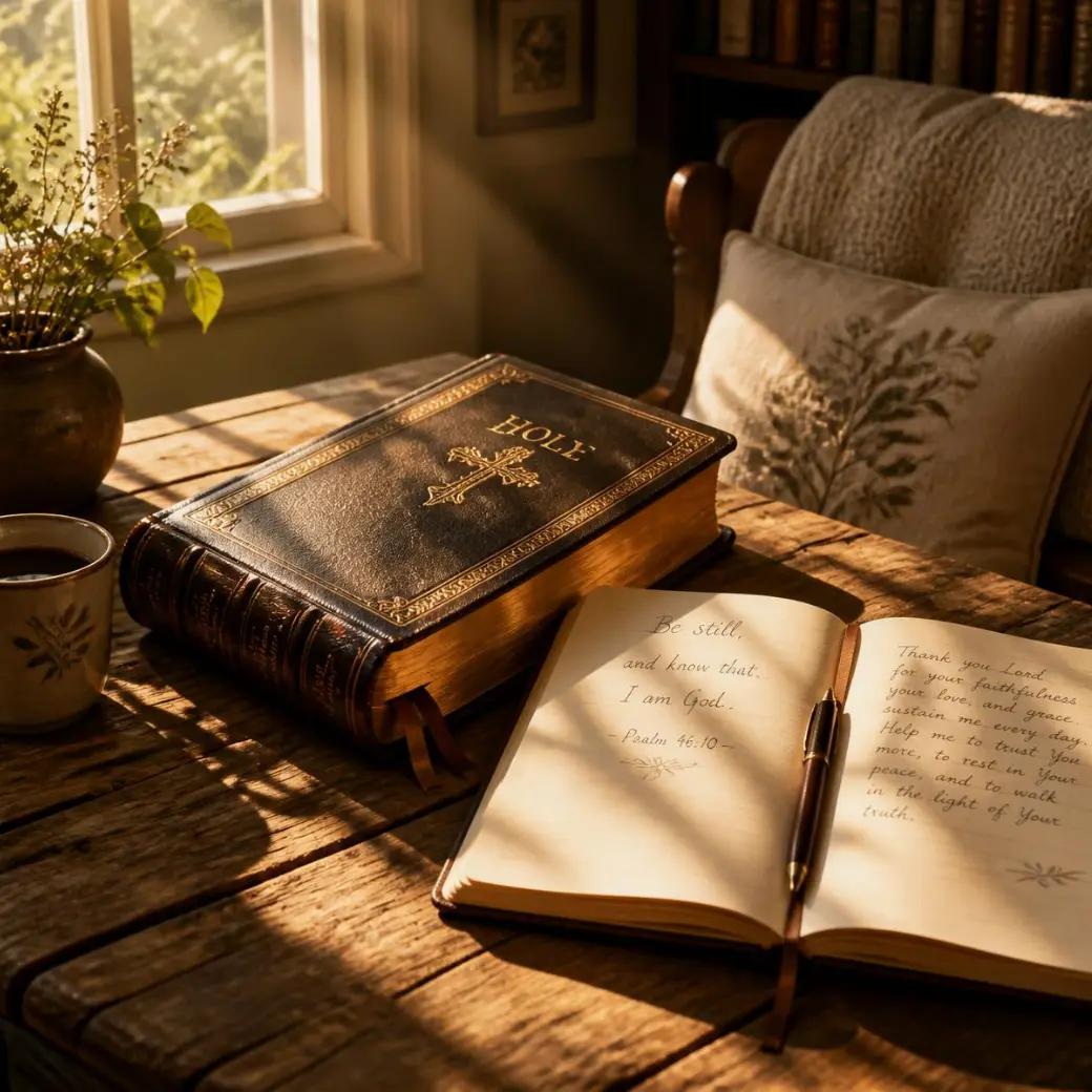 A leather Bible and open prayer journal in warm window light