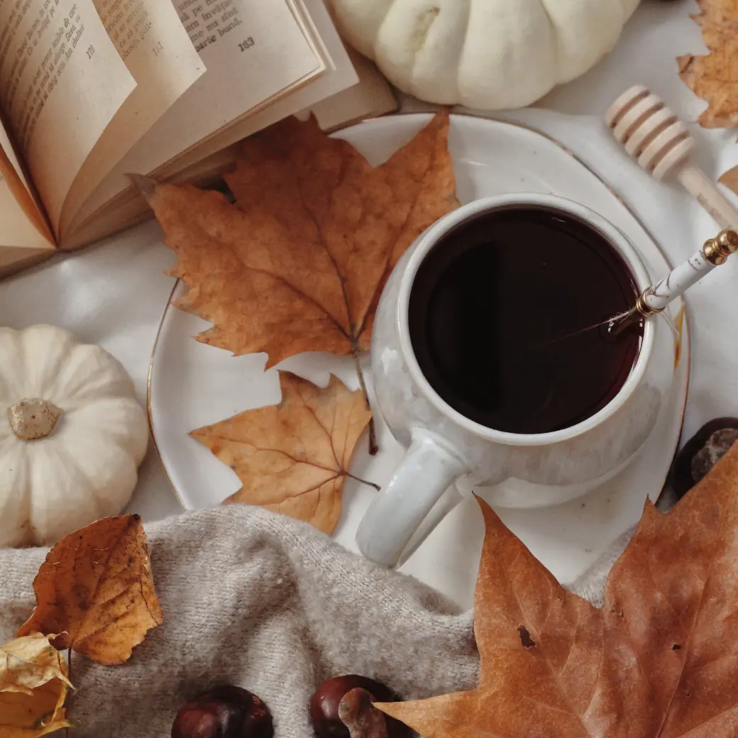 An overhead view of black coffee, an open book, white pumpkins, and dried maple leaves