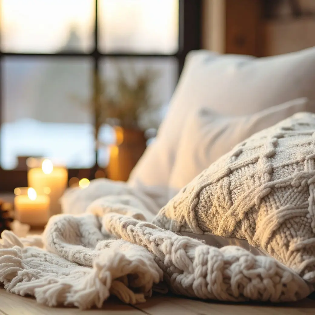 A chunky knit throw and cushions lit by candles near a window