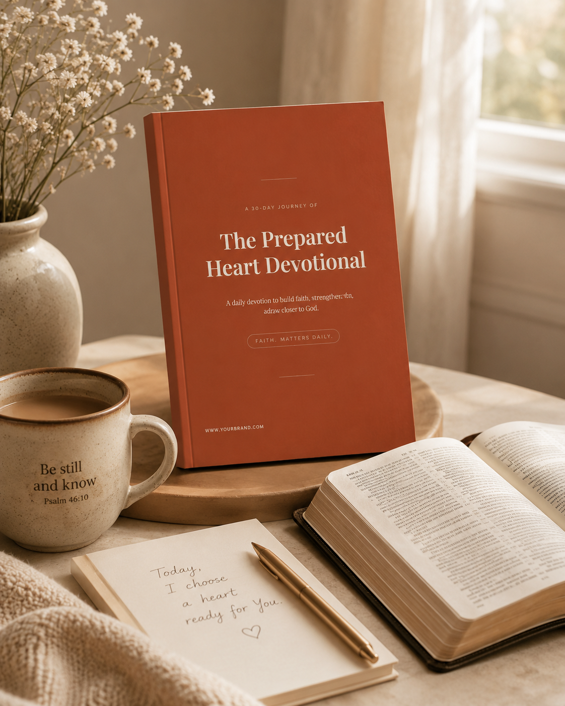 The Prepared Heart Devotional book beside a coffee mug, open Bible, and journal