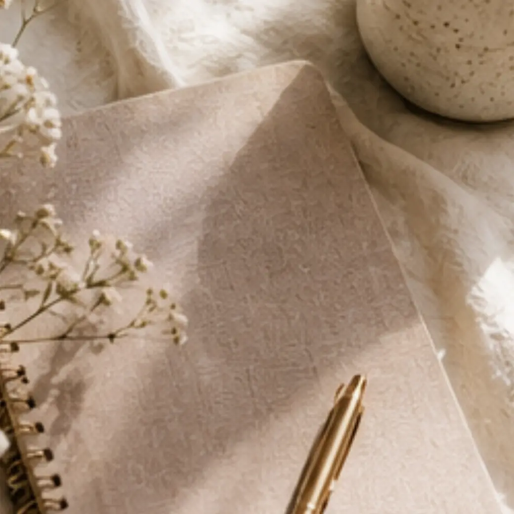 A blank journal page with a gold pen and dried blossoms