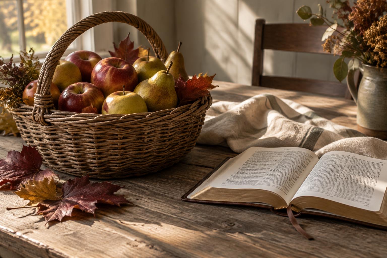 Apples and pears gathered beside an open Bible