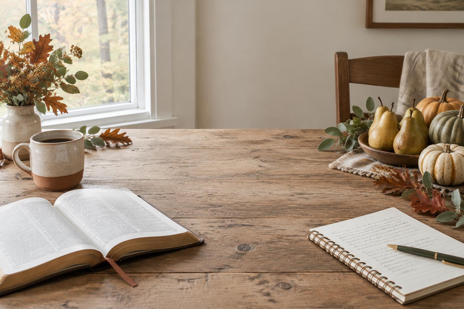 Open Bible and gratitude journal on an October harvest table