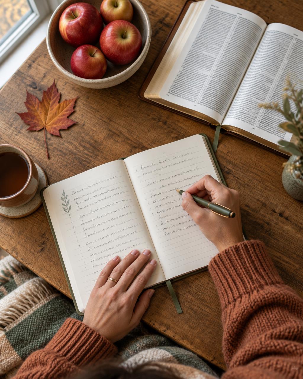 Hands writing gratitude notes beside an open Bible and bowl of apples