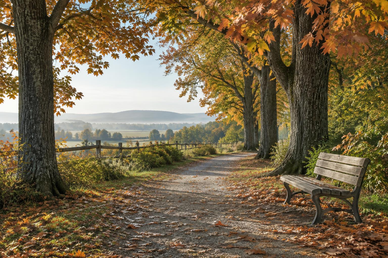 A peaceful path and bench beneath changing maple trees