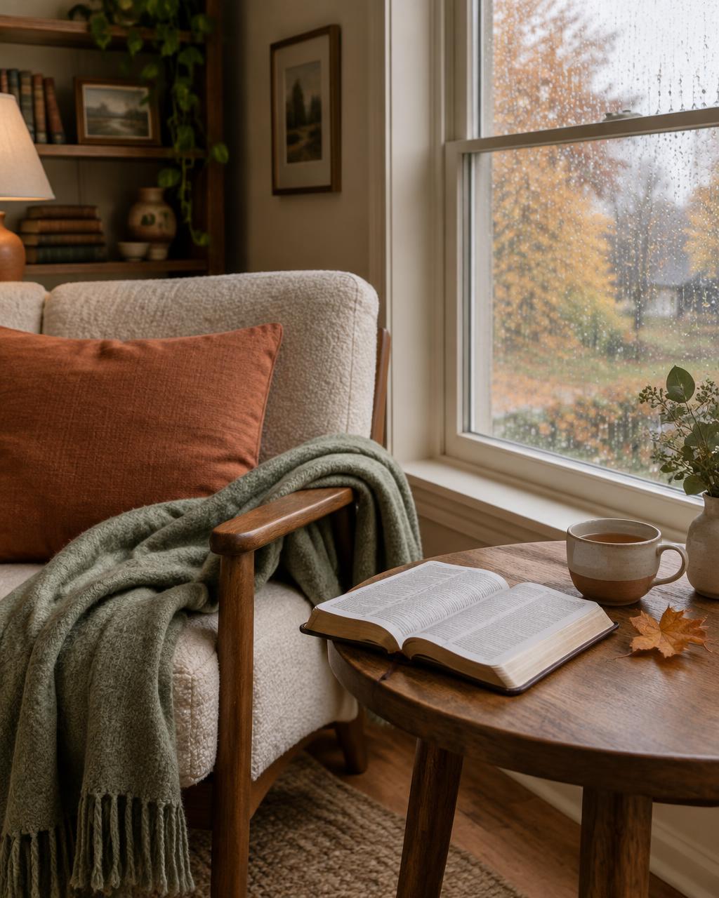 A quiet reading chair, open Bible, and warm drink beside a rainy October window